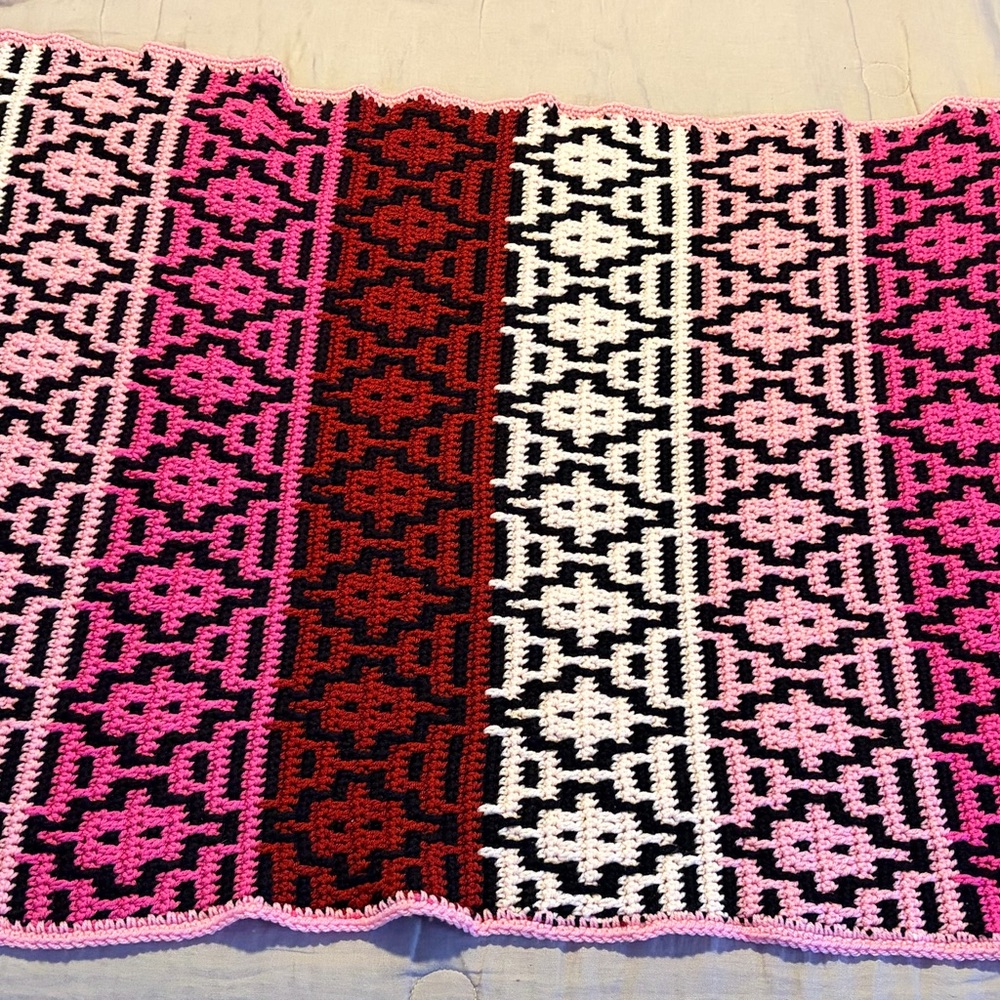 Handmade Crochet Blanket in Pink, Red, Black & White